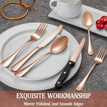 24 Pcs Rose Gold Silverware Set with Steak Knives Service for 4,Stainless Steel Flatware Set,Mirror Polished Cutlery Utensil Set, Kitchen Eating Tableware,Include Fork Knife Spoon Set,Dishwasher Safe