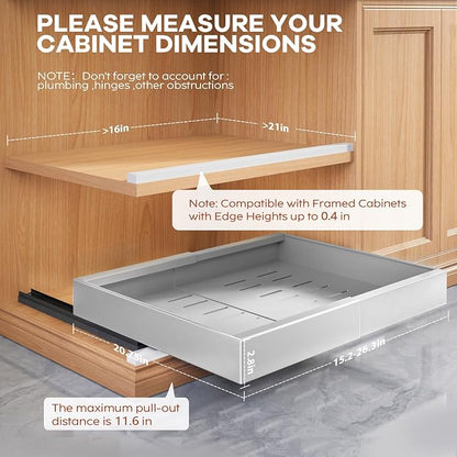 Seinloes 2 Pack Expandable Width (15.15"-26.3") Pull Out Cabinet Organizer 21" Deep with Raising Pad for Framed Cabinets, Upgrade 3 Slide Rails Slide Out Drawers, Roll Out Shelves Adhesive, Silver
