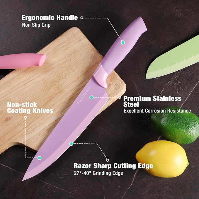 HAUSHOF Kitchen Knife Set with Magnetic Knife Strip for Wall, 6-Piece Colorful Knives Set for Kitchen, Non-Stick Coated Stainless Steel Blades for Slicing, Dicing, Magnetic Knife Holder for Storage