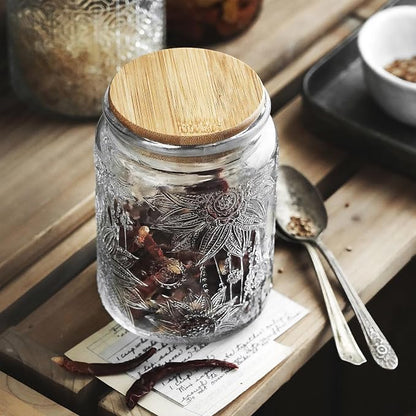 Custde Vintage Glass Jar with Bamboo Lid, 23.7 FL oz - Airtight Decorative Food Storage Canisters for Kitchen Counter, Ideal for Candy, Sugar, Coffee, Cookies (Sunflower*2)
