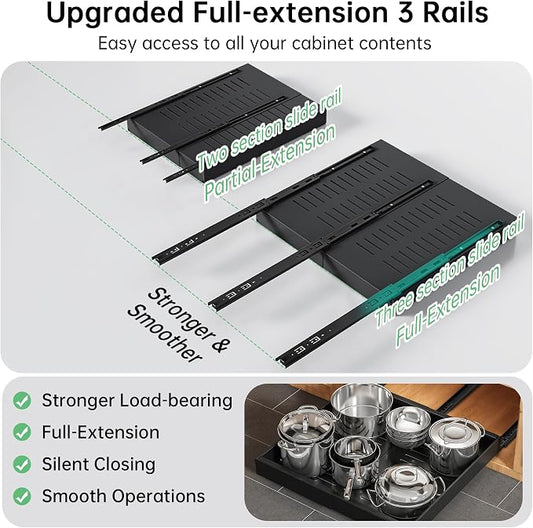 Pull out Cabinet Organizer, 2 pack, 16.5" Deep Heavy Slide out Drawers, Upgrade Three Triple-Slide Rail Systems, Expandable 12.8"-20.8" Roll out Shelf Storage for Kitchen Base Cabinet Organization