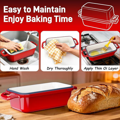 Enameled Cast Iron Dutch Oven for Sourdough Bread Baking, 8.5 x 4.5Inch Oval Cast Iron Bread Pan with Lid, 2PCS Dutch Oven for Homemade Sourdough Baking, Meatloaf Pan, Oven Safe, Red