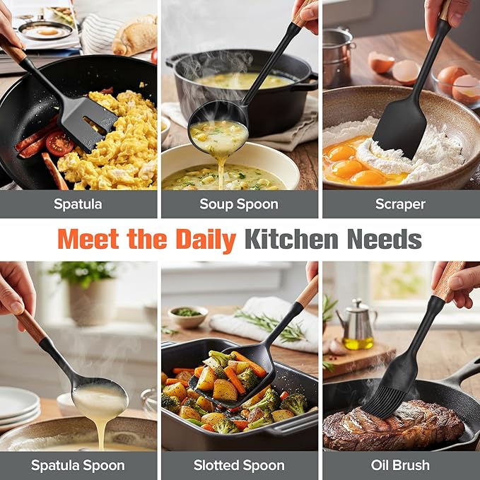 Silicone Cooking Utensils Set of 7 Pack, Wood Handle Heat-Resistant Kitchen Utensils, Non-Stick Cookware Safe - Include Spatula, Spoon, Ladle, Bowl Scraper, Basting Brush for Cooking, Baking, BBQ