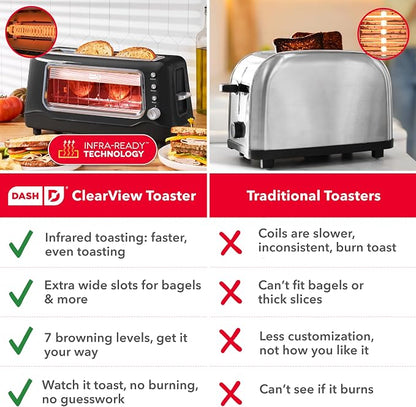 Dash Clear View Toaster, 10.5" Long Slot 2 Slice Toaster with See-Through Glass Window, 7 Browning Levels, Bagel, Defrost & Reheat Functions, Removable Glass Panel, Crumb Tray - Black