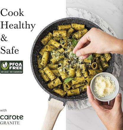 CAROTE 12 Inch Nonstick Deep Frying Pan with Lid, 5.5 Qt Jumbo Cooker Saute Pan with Pour Spout, Skillet Induction Cookware, Non Stick Cooking Pan PFOA Free, Classic Granite