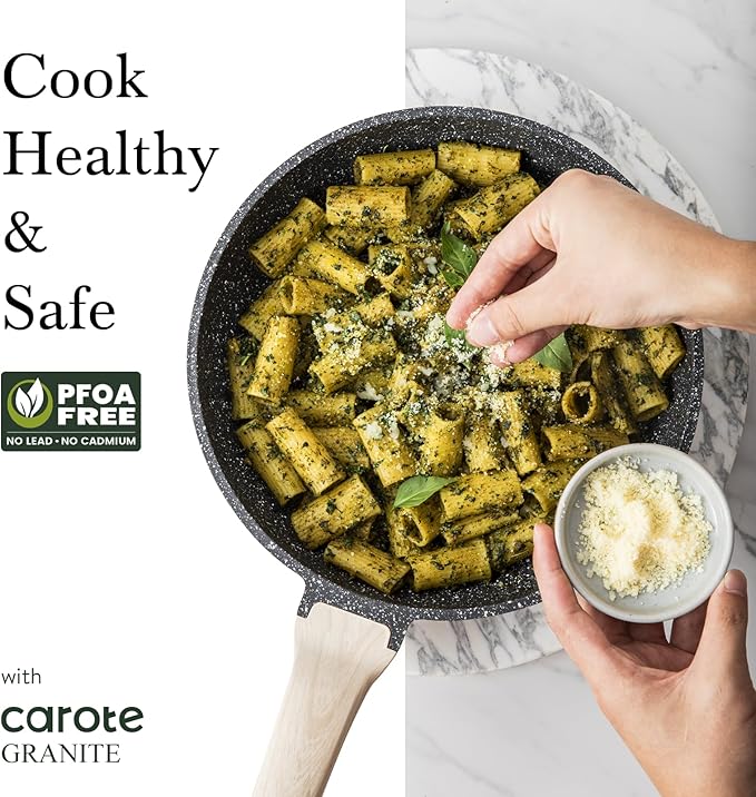 CAROTE Non Stick Frying Pan Skillet Set, Omelet Pan, Healthy Non Toxic Granite Chef Pan, Induction Compatible Egg Frying Pan with Heat-Resistant Handle, PFOA-Free,Black, 8"+10"+12"