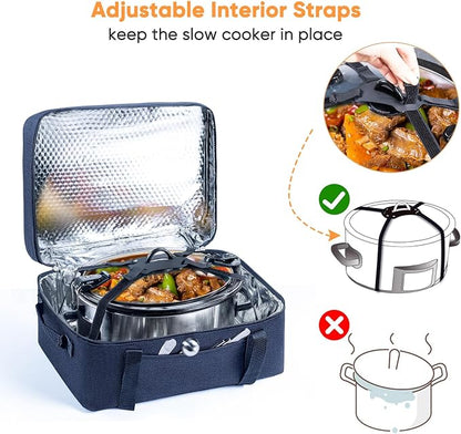 BAGSPRITE Double-Layer Slow Cooker Carrying Bag for 6-8 Quart CrockPot and Hamilton Beach, Travel Bag With Lid Fastener, Portable Carrier Case, Black