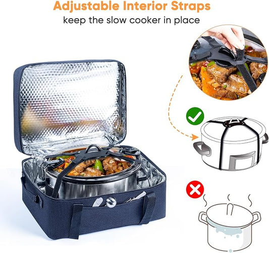 BAGSPRITE Double-Layer Slow Cooker Carrying Bag for 6-8 Quart CrockPot and Hamilton Beach, Travel Bag With Lid Fastener, Portable Carrier Case, Black