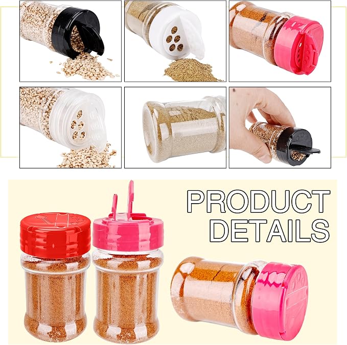 30 Pcs 2 oz Mini Plastic Spice Jars with Sifters Clear Empty Spice Bottles Round Seasoning Containers for Travel Kitchen (Pink Top with 2 Side Hole)