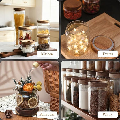 Glass Jars with Airtight Wood Lids - 11 oz Mini Kitchen Pantry Storage Containers, Stackable Decorative Canisters for Chia Seed, Sugar, Tea, Spice, Salt, Matcha, Nuts, Sauce, Cocoa powder, Set of 2