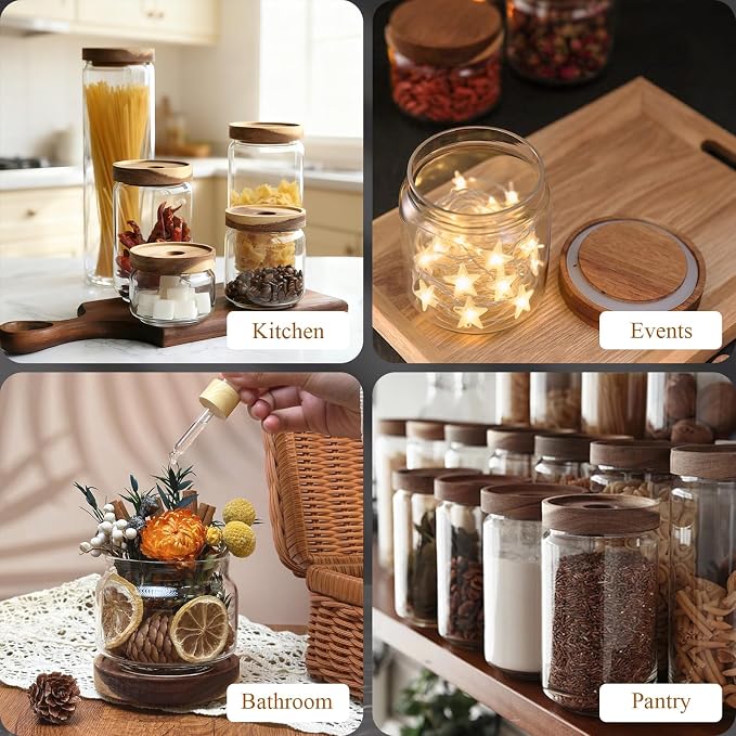 Glass Jars with Airtight Wood Lids - 25 OZ / 750 ML Kitchen Pantry Storage Containers, Decorative Canister for Chia Seed, Coffee Bean, Sugar, Spice, Cereal, Oats, Cookie, Candy, Tea, Nuts, Set of 2