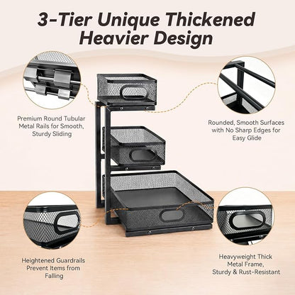 3-Tier Under Sink Organizer 2-Pack, Thickened Metal Pull out Cabinet Shelf, Height Adjustable Slide Out Drawer Storage Rack for Bathroom Kitchen Pantry Laundry Home Office Organization (Black)