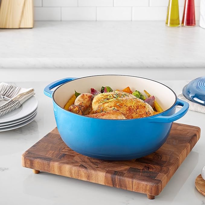 Amazon Basics Enameled Cast Iron Dutch Oven Pot with Lid, Round, Dual Handles, Heavy-Duty, Oven Safe for Stews, Roasting, Baking, 6-Quart, Blue