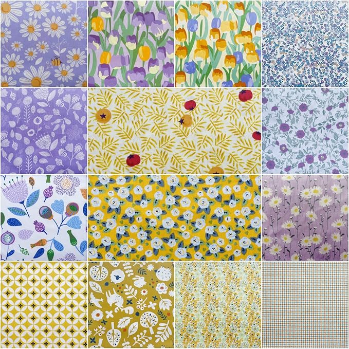 42-8" Precut Quilt Cotton Fabric Squares for Quilting Clearance Sewing DIY Project Floral Fabric Squares (Purple Yellow)