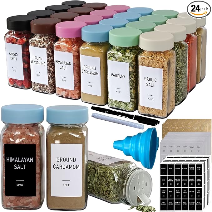 Spice Jars with Labels - 24 Glass Spice with Shaker Lids & Airtight Plastic Caps - 4oz Complete Seasoning Containers Organizer Set for Cabinet, Drawer & Rack (Skyblue)