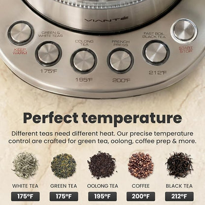 Viante Alba Electric Tea Kettle with Infuser, No Plastic In Contact With Water, 1.5L Borosilicate Glass, 304 Stainless Steel, 4 Temperature Presets, Keep Warm, Cordless, Auto Shut-Off