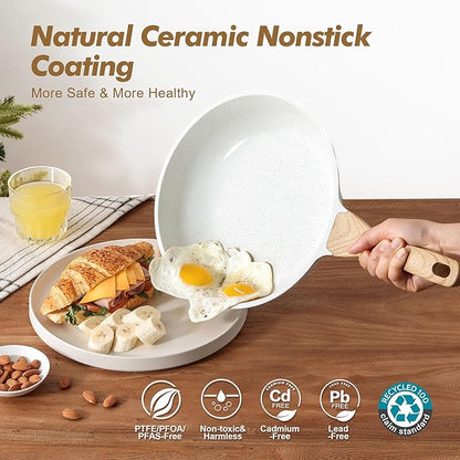 SENSARTE Nonstick Frying Pan Skillets, Ceramic Coating Omelette Pans, Healthy Cookware Chef's Pan, White, Free of PTFE & PFAS (8+10 Inch)