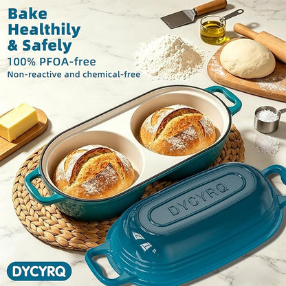 Enameled Cast Iron Double Round Bread Loaf Pot with Lid – 16cm Diameter Mini Dutch Oven for Sourdough Bread Baking, 500°F Oven Safe Non Stick Bread Pan, Double Dutch Oven for Meatloaf, Cake, Even Heating – Emerald