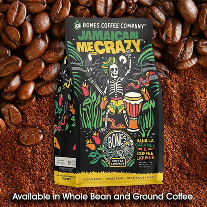 Bones Coffee Company Jamaican Me Crazy, Vanilla Caramel Flavored Coffee, Medium Roast Low Acid Arabica Beans Compatible with Auto drip and French Press Coffee Maker, 12 Oz Ground