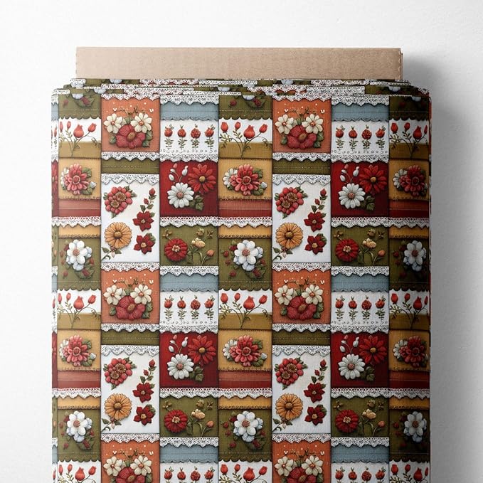 Patchwork Floral Cotton Fabric Panel 61 x 36.6 Inches, Vintage Quilt Style Printed Cotton Sewing Fabric, 140 GSM, Made in Turkey