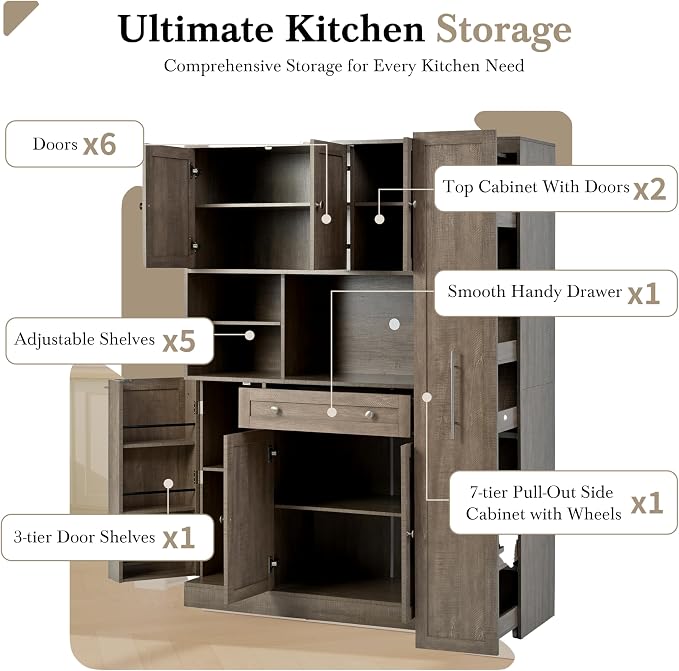 VilroCaz Farmhouse Style Large Kitchen Pantry with Hutch, Freestanding Wood Storage Cabinet Cupboard with Pull-Out Side Cabinet, Door Shelves and Drawer (Brown-6.10)