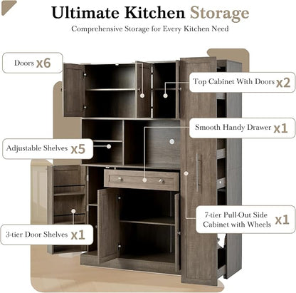 VilroCaz Farmhouse Style Large Kitchen Pantry with Hutch, Freestanding Wood Storage Cabinet Cupboard with Pull-Out Side Cabinet, Door Shelves and Drawer (Brown-6.10)