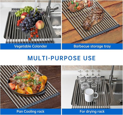 Expandable Roll Up Dish Drying Rack Over The Sink Rack, Large Dish Drainer Rack for Stainless Steel Sinks, Non-Slip Silicone Collapsible Rack 18 Tube for Kitchen, Sliver Gray
