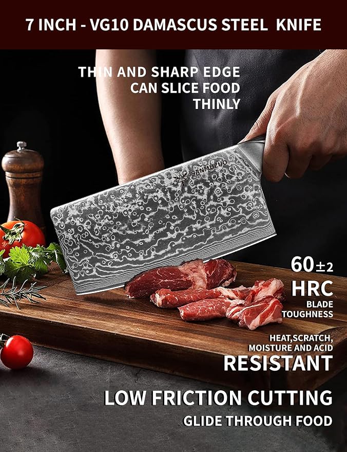 Chinese Chef Knife - 7" Cleaver Knife- Xuan Series - VG10 Damascus Steel Kitchen Knife - Resin Handle (Fantasy Orange)