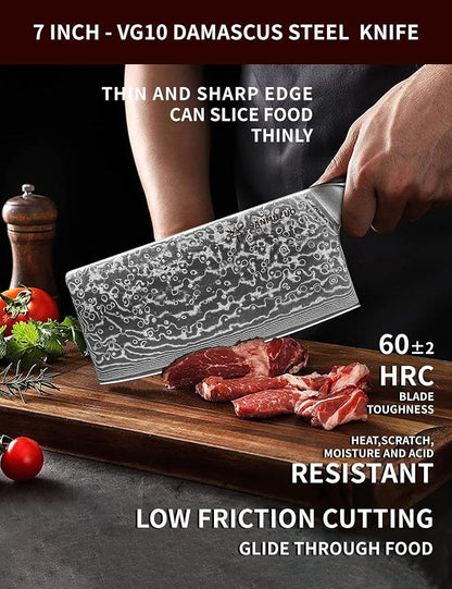 Chinese Chef Knife - 7" Cleaver Knife- Xuan Series - VG10 Damascus Steel Kitchen Knife - Resin Handle (Fantasy Orange)