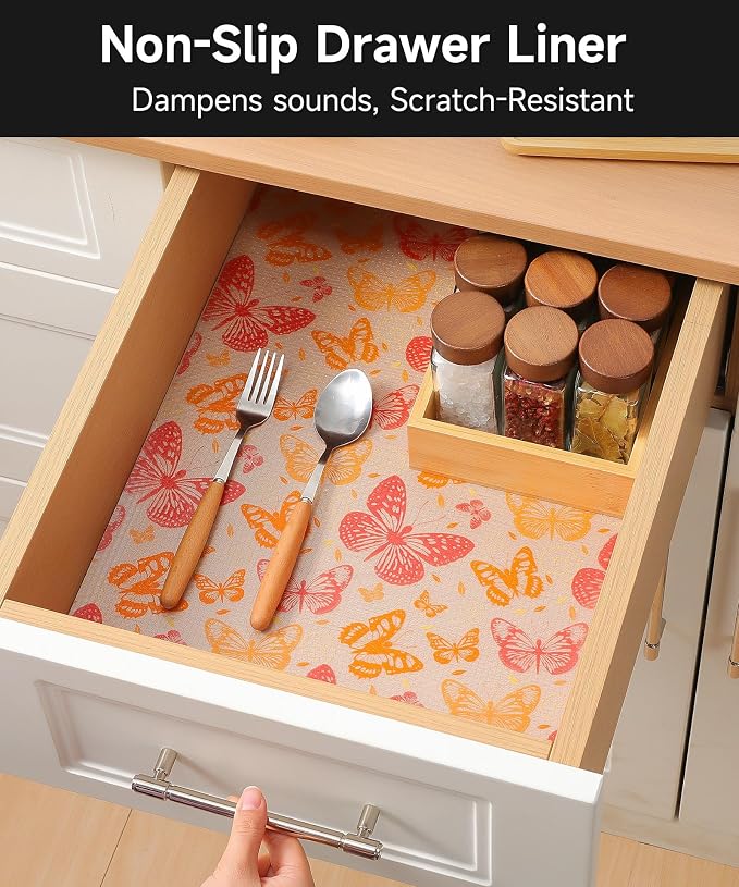Drawer Liner Shelf Liners for Kitchen Cabinets Non Adhesive - Oil-Resistant Waterproof Sturdy and Resilient Kitchen Cabinet Liners for Shelves, Tool Box, Refrigerator(Red Butterfly, 17.7" W x 360" L)