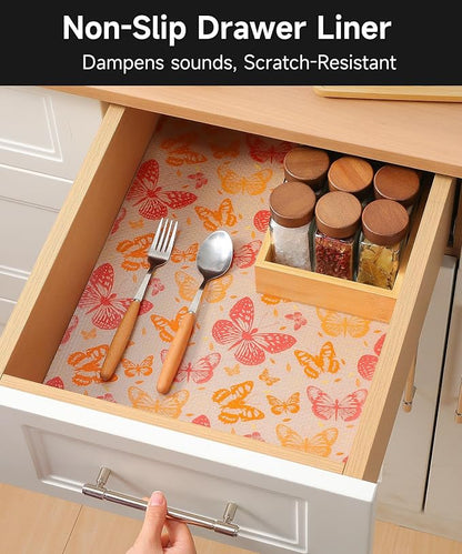 Drawer Liner Shelf Liners for Kitchen Cabinets Non Adhesive - Oil-Resistant Waterproof Sturdy and Resilient Kitchen Cabinet Liners for Shelves, Tool Box, Refrigerator(Red Butterfly, 17.7" W x 360" L)