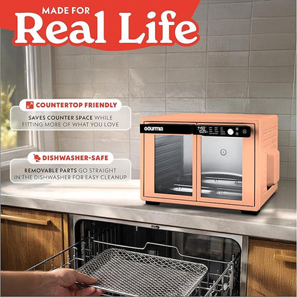 Gourmia French Door Air Fryer Oven - 37 Qt Large Capacity Convection Toaster Oven, FryForce 360°, Digital Display, 12 Cooking Presets, Dehydrate, Fits 13” Pizza, Dishwasher-Safe, Peach
