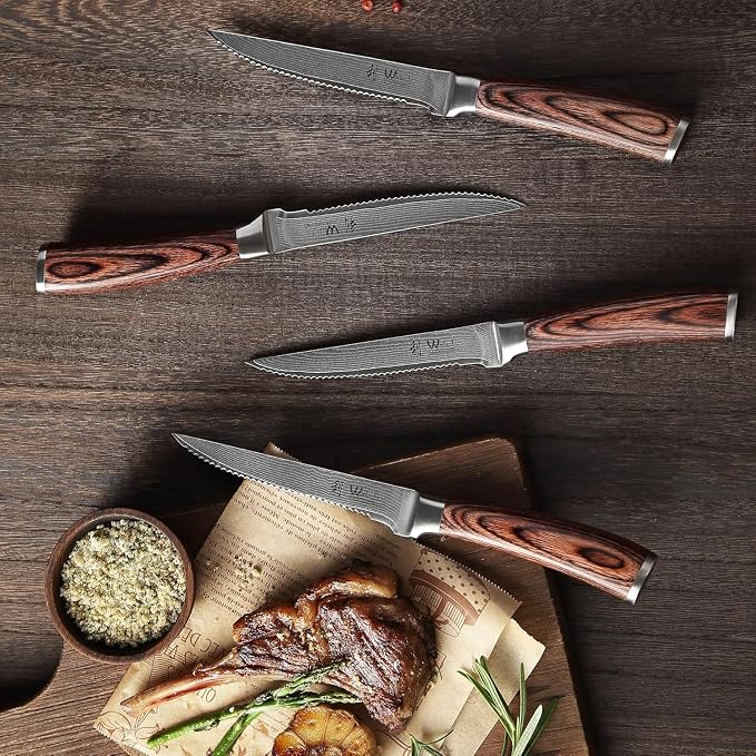 Wakoli EDIB 4-Piece Damascus Steak Knife Set, VG10 Core 67-Layer Damascus Steel Steak Knives with Pakkawood Handles, Premium Dining Cutlery Gift Box for Steak, Meat, Roasts & Poultry, Hand Wash Only