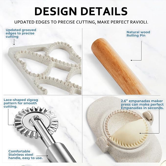 Ravioli Maker Press, Ravioli Press Mold Set - Heart Ravioli Stamp Maker Cutter with Wood Rolling Pin, 2.6" Empanada Maker Press Kit and Ravioli Wheel, Makes 6 Ravioli