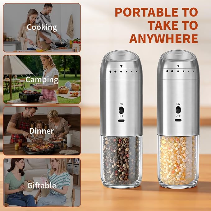 Gravity Salt and Pepper Grinder Set, Automatic Electric Mill Set, Gravity-Sensing, Rechargeable Pepper Grinder Battery Operated, Stainless Steel, Adjustable Coarseness, Kitchen Gadgets Accessories
