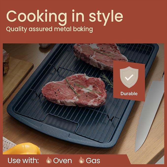 Cookie Sheet with Wire Rack Set, 2-Piece Nonstick Blue Marble Carbon Steel Pan & Cooling Rack, Space-Saving Stackable Set, PFOA, PFOS, PTFE Free, Oven Safe Up to 450°F, 17.4" Pan & 14.7" Rack