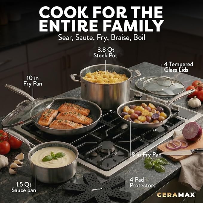 Gotham Steel Ceramax 12 Pcs Tri Ply Hybrid Stainless Steel Cookware Set, Ceramic Pots and Pans Set Non Stick with Induction Cookware, Made Without PTFE PFOA, Metal Utensil, Oven and Dishwasher Safe