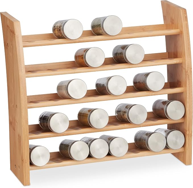 Relaxdays Bamboo Spice Rack, 5 Levels, Standing Kitchen Shelf, H x W x D, 36 x 40.5 x 16 cm, Spice Rack Worktop, Natural