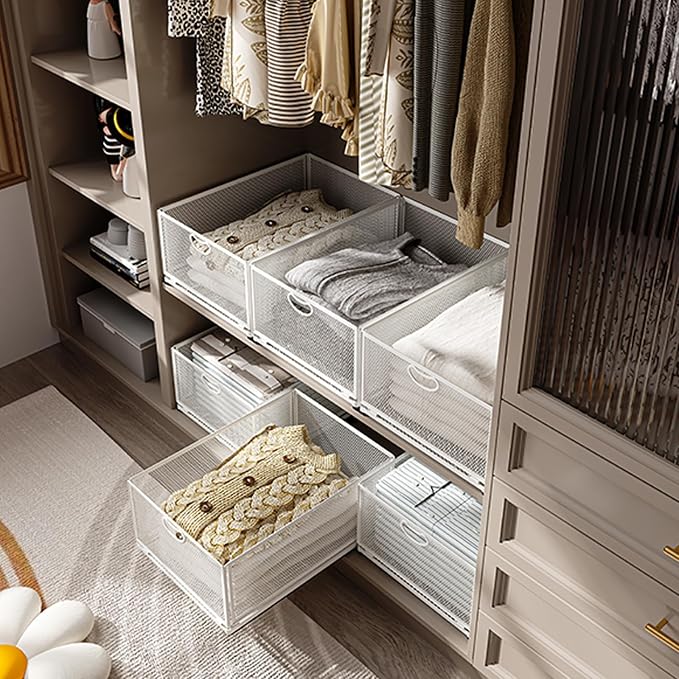 Pull Out Cabinet Organizer, No Drill Adhesive Sliding Drawers for Kitchen, Metal Mesh Wire Storage Shelf for Pantry & Under Sink, White (9.6" W x 15.7" D x 8.4" H)