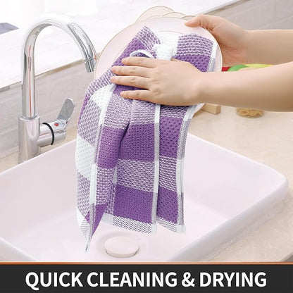 Homaxy Kitchen Towels and Dishcloths Set, 12 x 12 and 13 x 28 Inches, Set of 8 Bulk Cotton Waffle Weave Check Plaid Kitchen Towels, Super Soft and Absorbent Dish Towel, White & Purple
