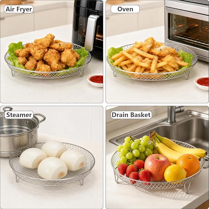 3pcs Round Air Fryer Racks, 8 inch Stainless Steel Stackable Air Fryer Basket Round Air Fryer Grill Rack with Silicone Feet & Clip Air Fryer Accessories for Air Fryer, Oven