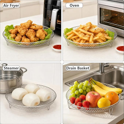 3pcs Round Air Fryer Racks, 8 inch Stainless Steel Stackable Air Fryer Basket Round Air Fryer Grill Rack with Silicone Feet & Clip Air Fryer Accessories for Air Fryer, Oven