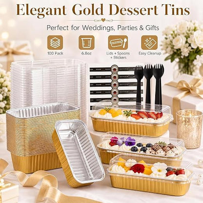 YQER 100 Pack Gold Mini Cake Pans with Lids and Spoons, 6.8 oz Disposable Aluminum Foil Mini Loaf Pans Cake Tins with Stickers and Reusable Decorating Set for Wedding Desserts, Parties and Gifts