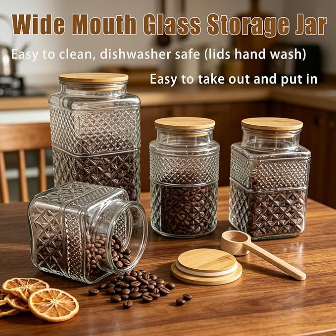 Viovian Vintage Glass Jar with Lid Wood Spoon 60 OZ Round Thick Glass Storage Jars Airtight Lids Decorative Canister Container for Food Candy Cookie Sugar Coffee Tea Nuts Snack Bath Salt