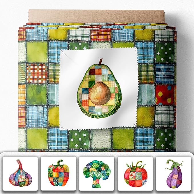 Vegetable Patchwork Cotton Fabric Panel – 6 Designs (10×10 inch Each) + Bonus Patchwork Sheet 29.5×19.6 inch, 100% Cotton 140 GSM