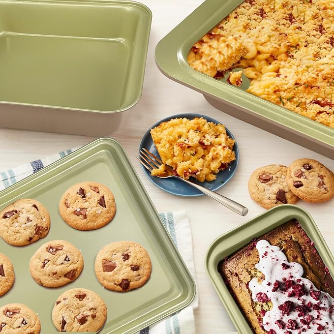 Nonstick Bakeware Set 10 Pcs, Professional Kitchen Bicolor Baking Pans Set with Cookie Sheets, Muffin Pan, Loaf Pan, Cake Pan and Cooling Rack, 0.8mm Thick/Dishwasher Safe/Heavy Duty