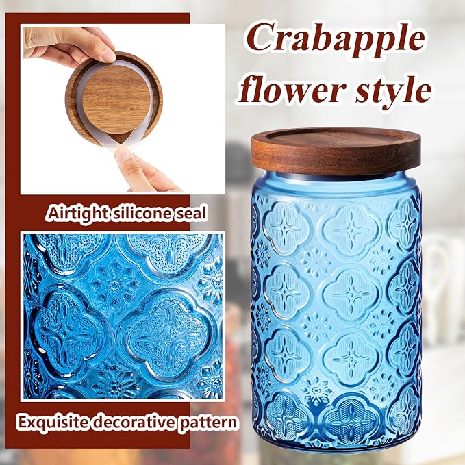 Outus 5 Pcs 23.7 oz, 33.8 oz Vintage Glass Jar with Lids Colored Glass Canisters Jars with Airtight Wooden Lids for Kitchen Counter Flour Sugar Cookie Coffee Tea Storage Containers