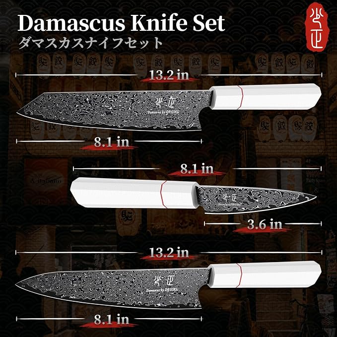 DRGSKL Japanese Knife Set Damascus - VG10 Kitchen Knife Set 3 PCS for Fruit, Vegetables, Fish and Meat - Japanese G10 Handle - Gifts for Men and Women