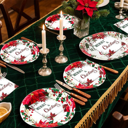 Dereinwo 100 PCS Christmas Paper Plates and Napkins | Bundle Includes Paper Oval Dinner Plates and Napkins for Christmas Party Supplies