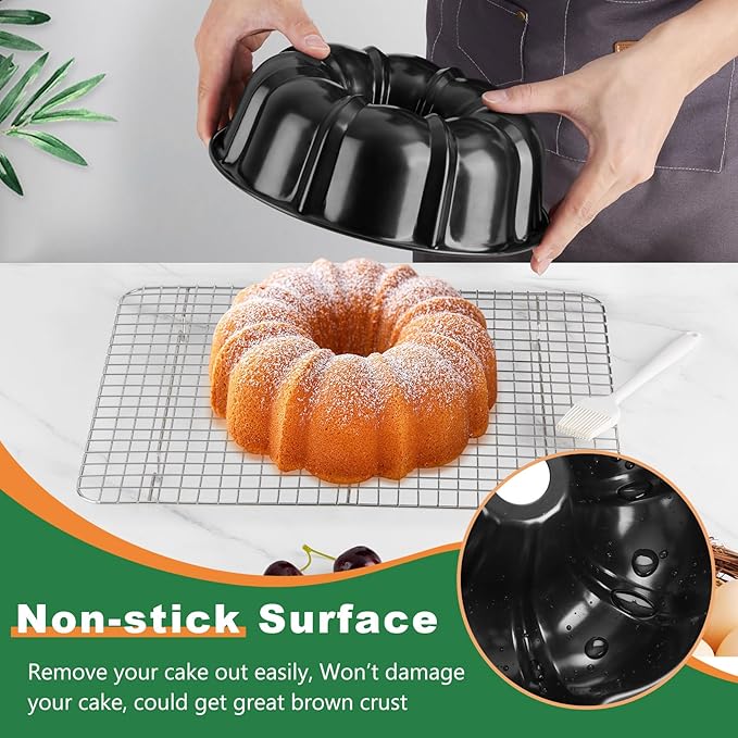 P&P CHEF 10 Inch Black Non-stick Cake Pan, Carbon Steel Fluted Tube Round Baking Pan for Pound Cake, 10-Cup Large Capacity Bakeware, Healthy & Heavy Duty, 2 Pieces